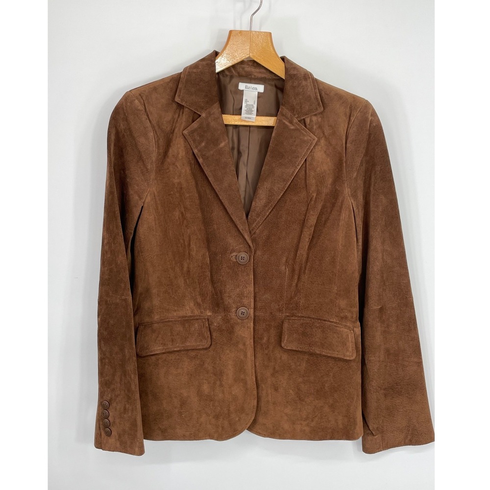 Liz & Co. Womens Blazer Large Suede Brown Genuine Leather 2-Button Western
